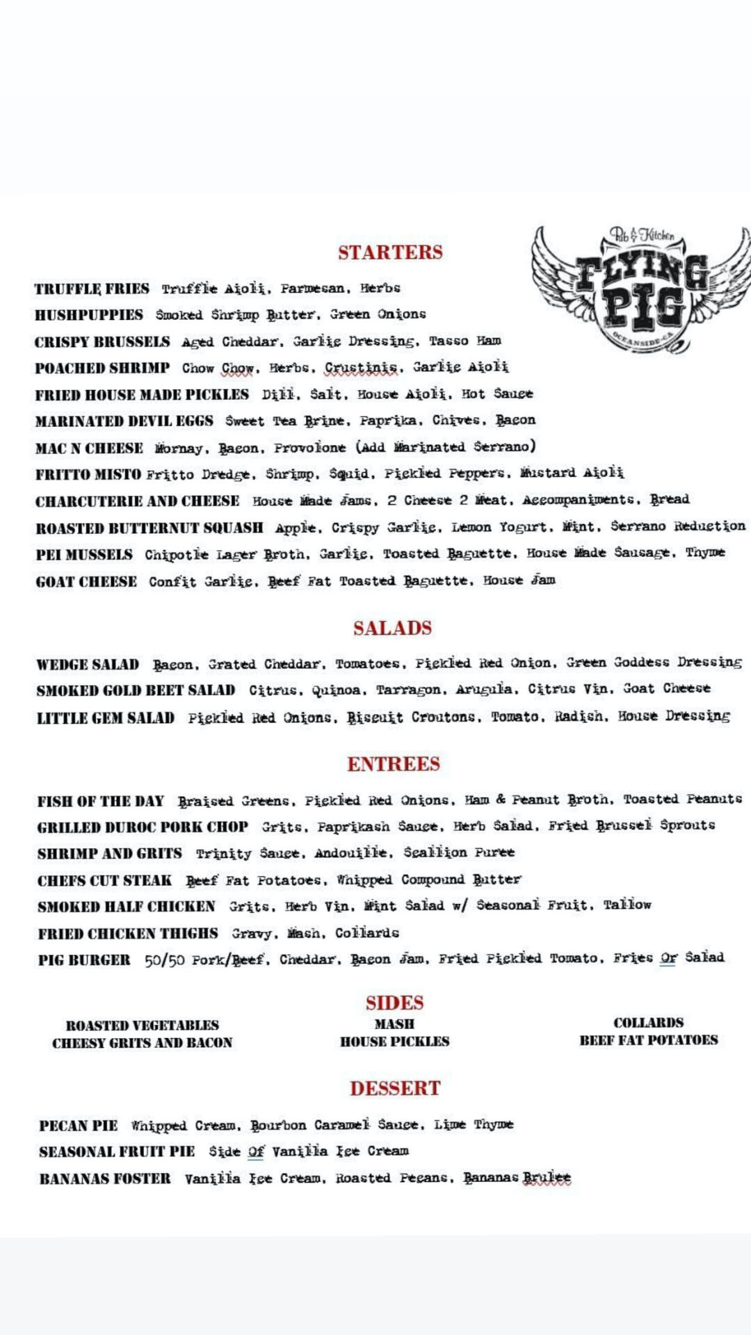 Flying Pig - menu