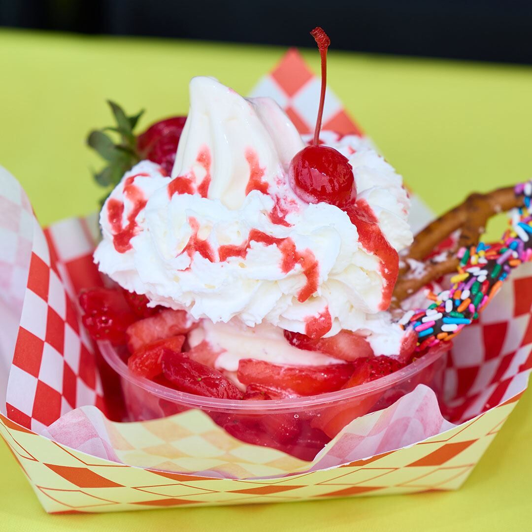 Chocolate-Dipped Strawberry Shortcake Sundae Crutchee’s Cream San Diego County Fair